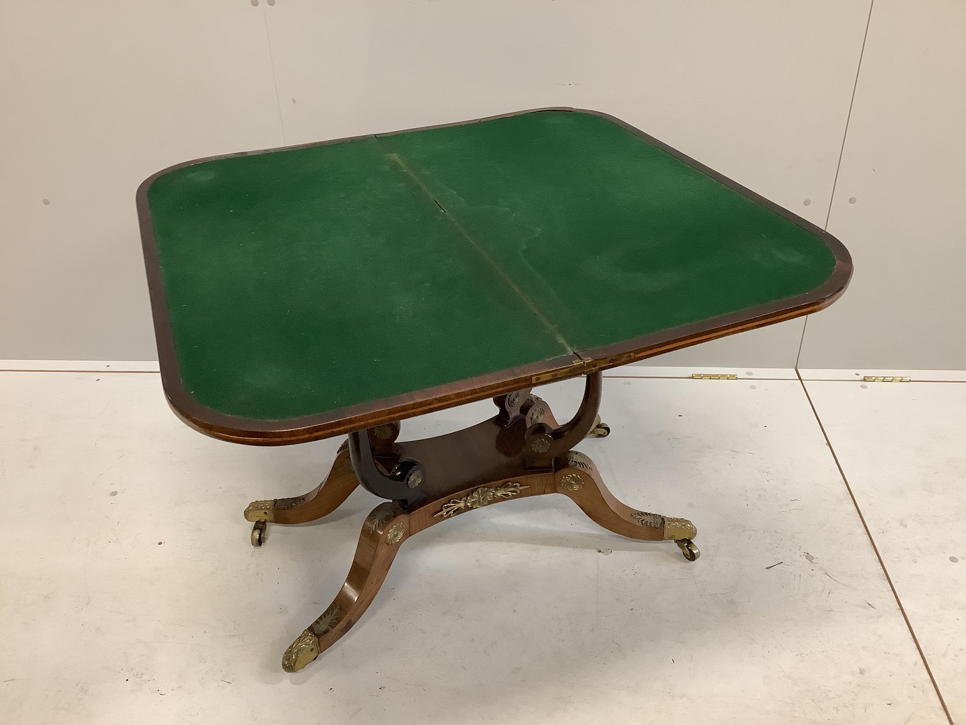 A Regency cut brass inlaid and gilt metal mounted rosewood card table, width 91cm, depth 46cm, height 71cm